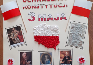 plakat autorstwa Natalii Lasoty kl. VIIB (1) - na plakacie napis 230 rocznica uchwalenia konstytucja 3 maja, widoczne flagi i kotyliony, a także portrety twórców Konstytucji 3 maja